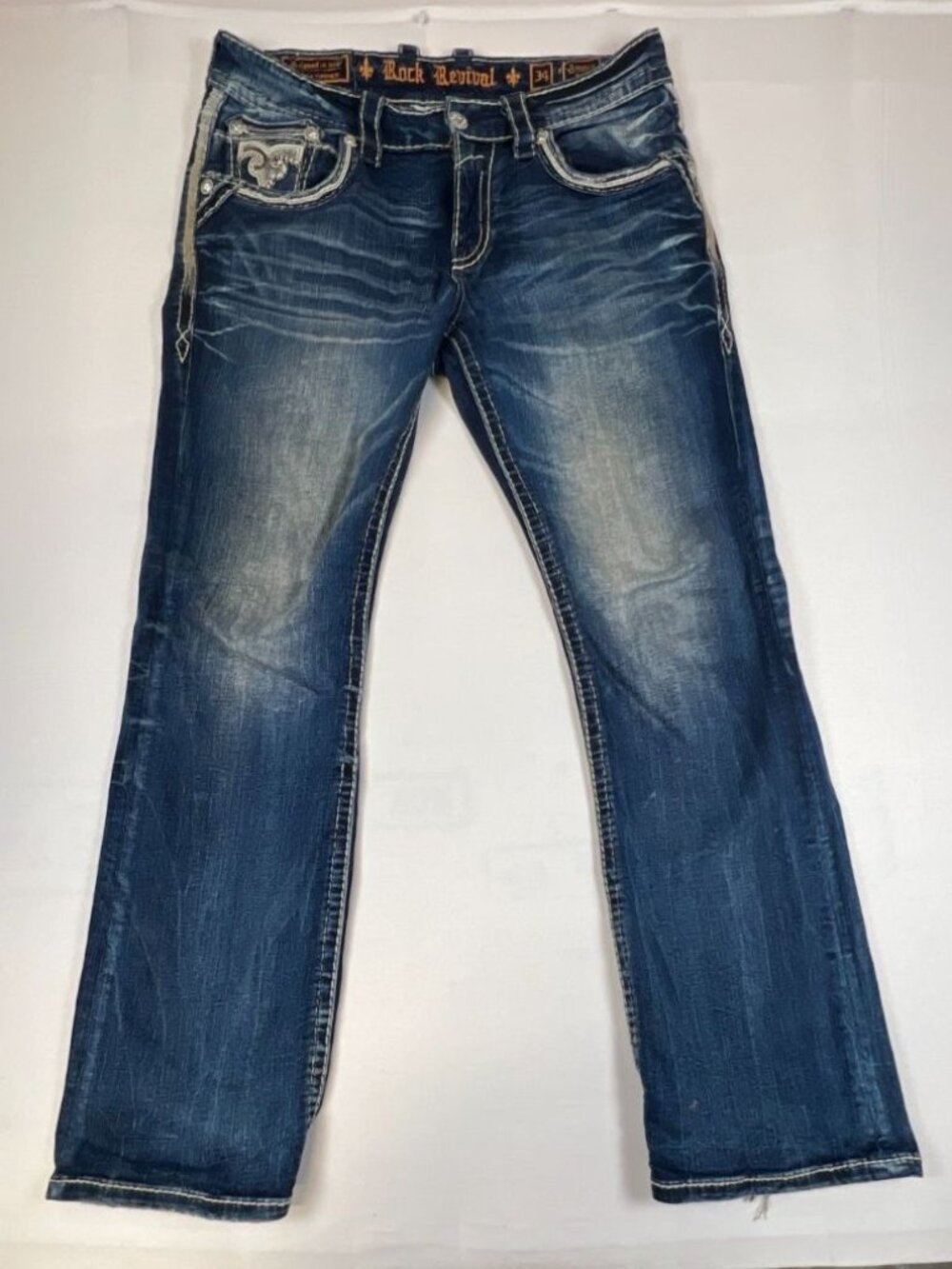 Rock Revival Men 34 Amoux Boot Cut Blue Denim Jeans Distressed Embellished